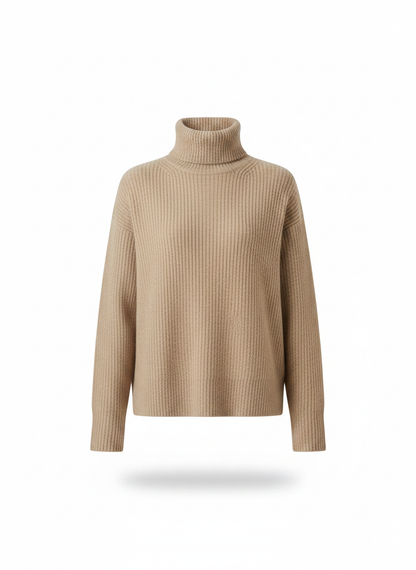 Ribbed turtleneck sweater in camel beige, front view with high ribbed collar