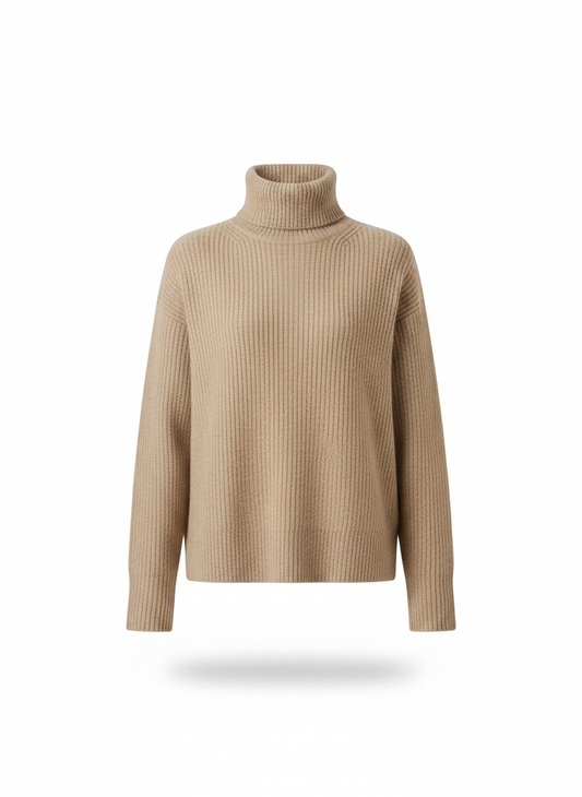 Ribbed turtleneck sweater in camel beige, front view with high ribbed collar