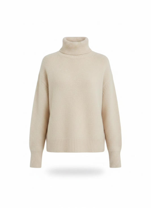 Beige turtleneck sweater with ribbed collar, cuffs, and hem
