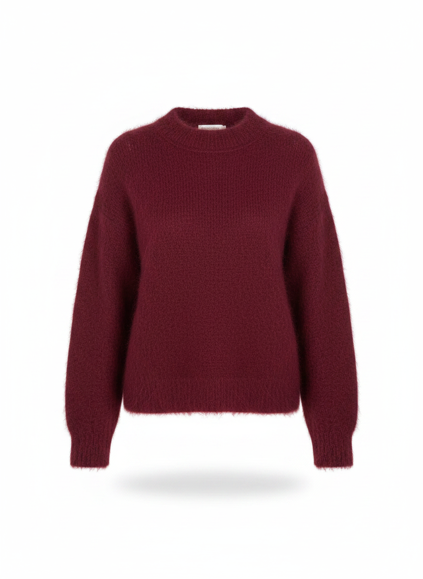 Burgundy mohair sweater with crew neck and long sleeves, front view