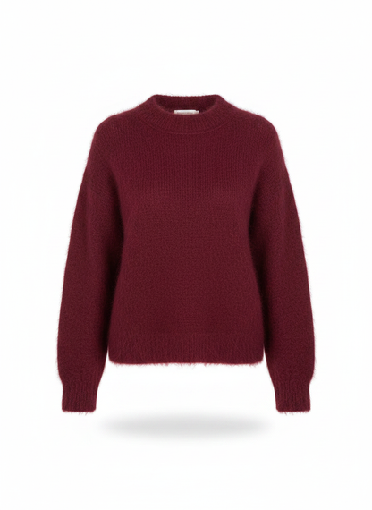 Burgundy mohair sweater with crew neck and long sleeves, front view