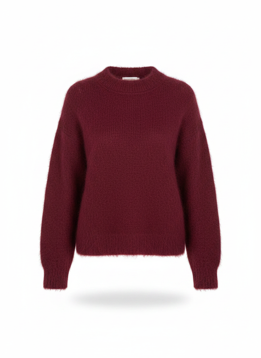 Burgundy mohair sweater with crew neck and long sleeves, front view