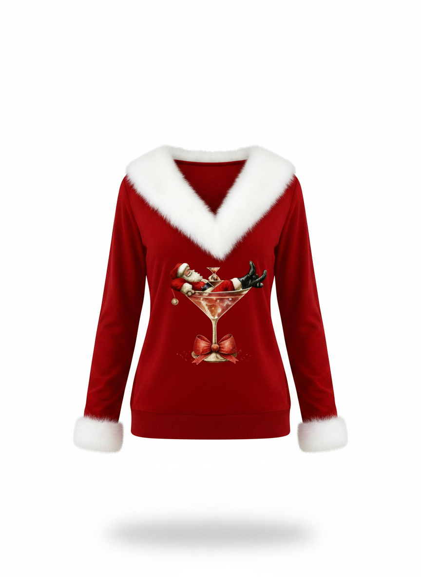 Red festive plush V-neck sweater with white trim and cuffs, front graphic cocktail martini