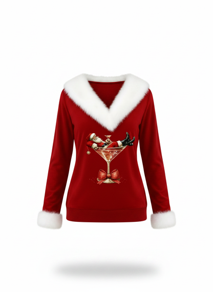 Red festive plush V-neck sweater with white trim and cuffs, front graphic cocktail martini