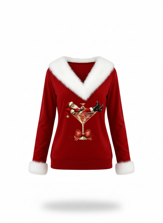 Red festive plush V-neck sweater with white trim and cuffs, front graphic cocktail martini