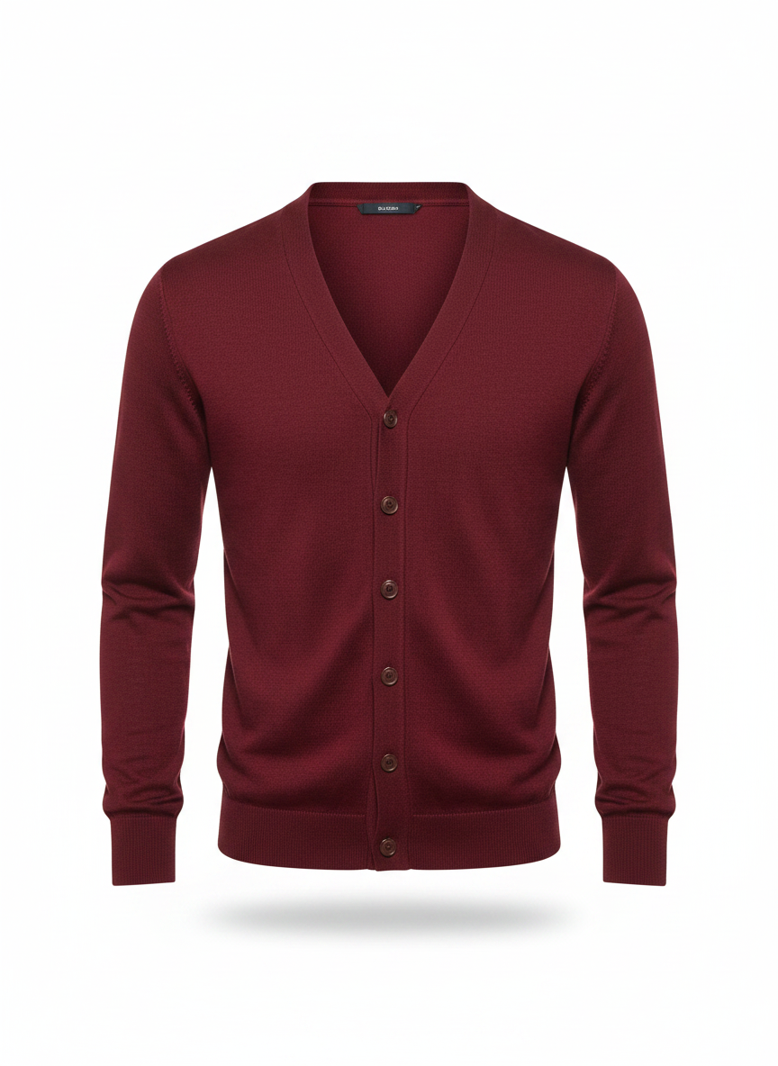 Men's wine red V-neck button cardigan, flat lay front view