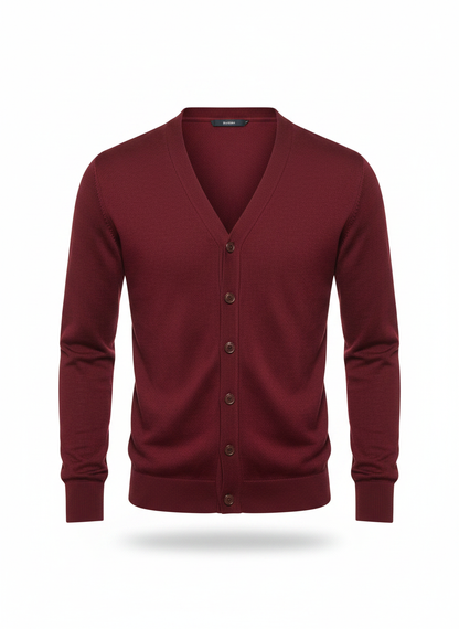 Men's wine red V-neck button cardigan, flat lay front view