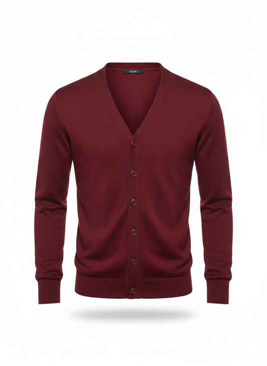 Men's wine red V-neck button cardigan, flat lay front view