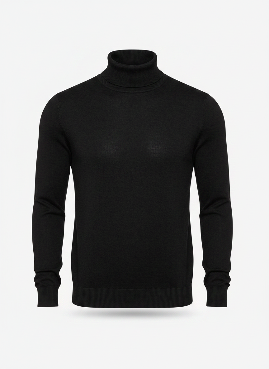 Black fine-knit roll-neck sweater, front view with long sleeves