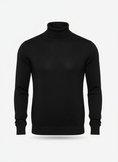 Black fine-knit roll-neck sweater, front view with long sleeves