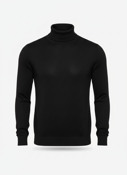 Black fine-knit roll-neck sweater, front view with long sleeves