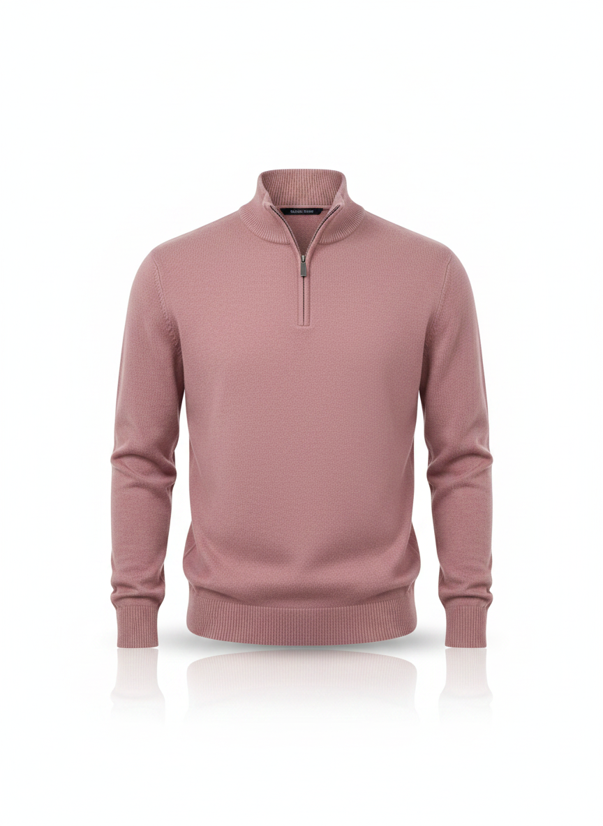 Dusty pink half-zip pullover sweater with ribbed hem and cuffs.