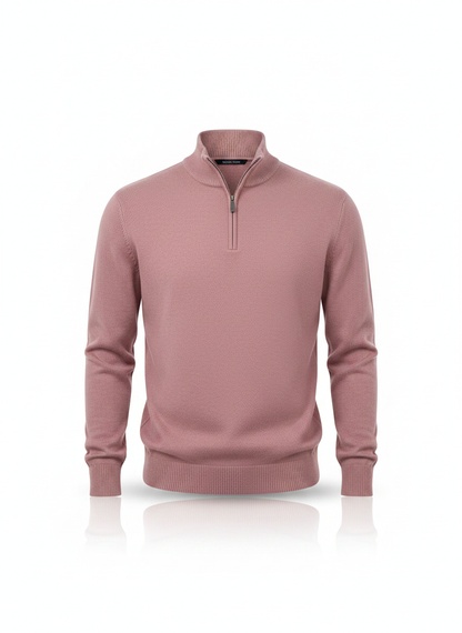 Dusty pink half-zip pullover sweater with ribbed hem and cuffs.