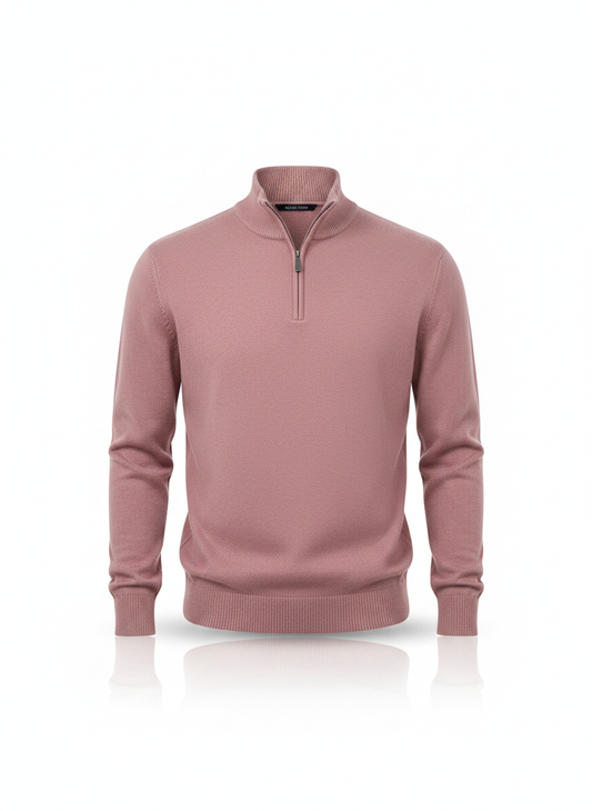 Dusty pink half-zip pullover sweater with ribbed hem and cuffs.