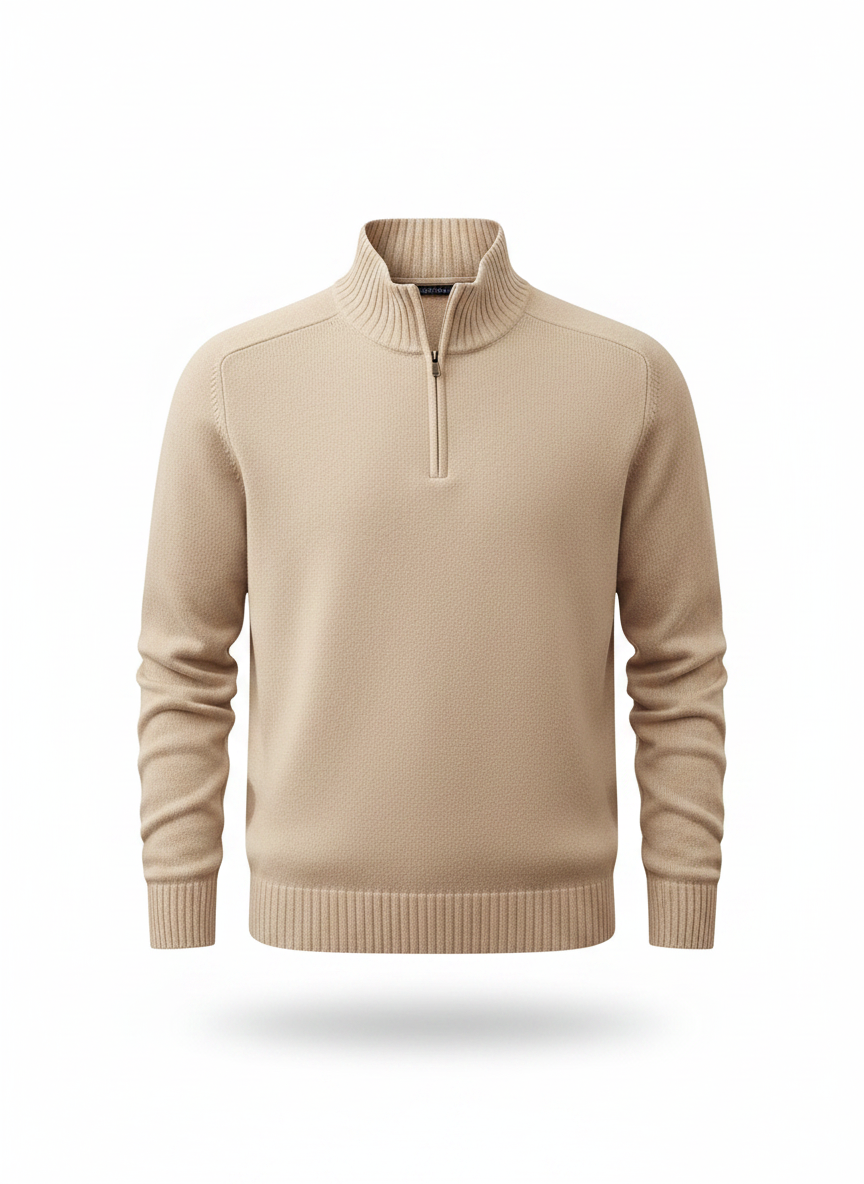 Cream zip-collar knit pullover with half zipper, ribbed hem and cuffs