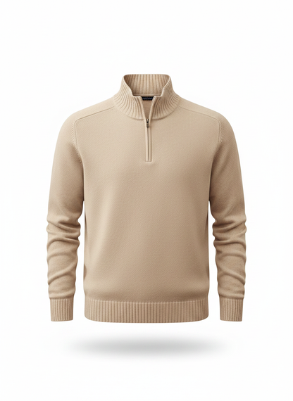 Cream zip-collar knit pullover with half zipper, ribbed hem and cuffs