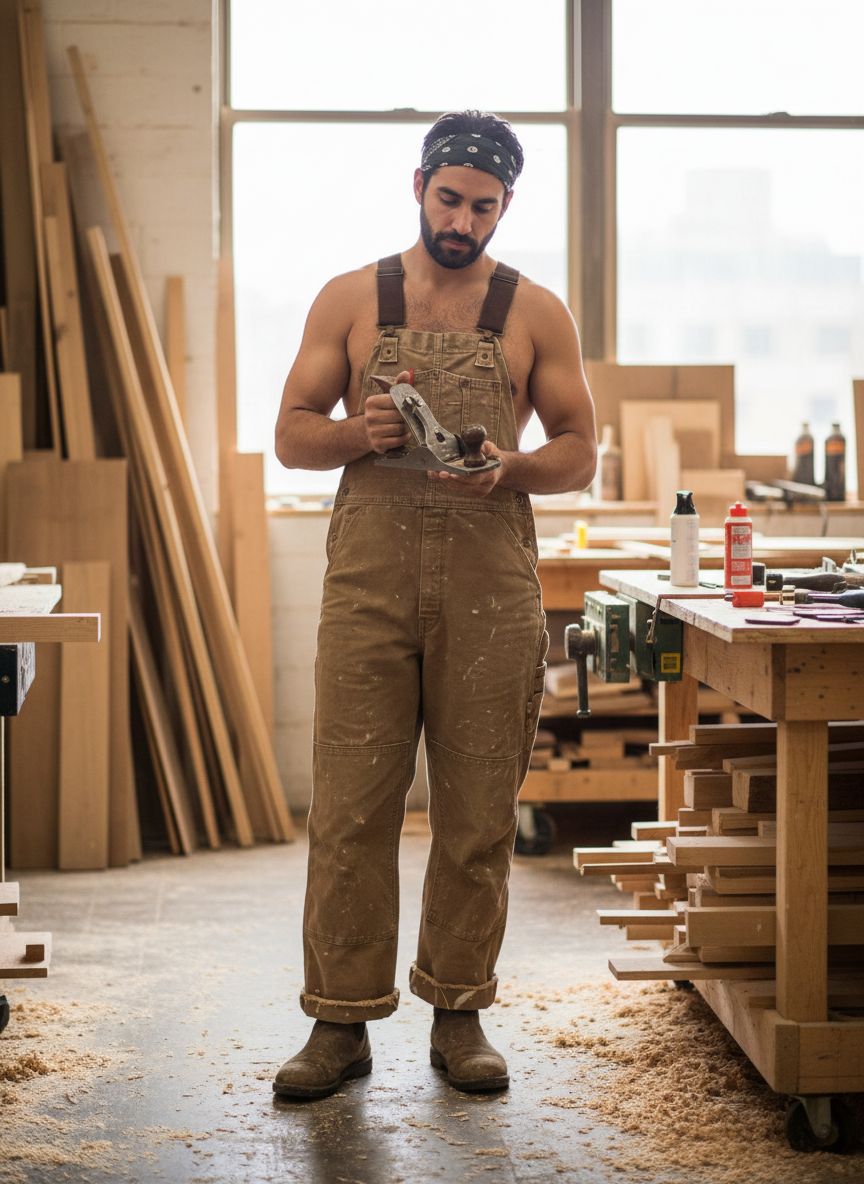 Men's canvas bib overalls with front tool pocket, brown workwear