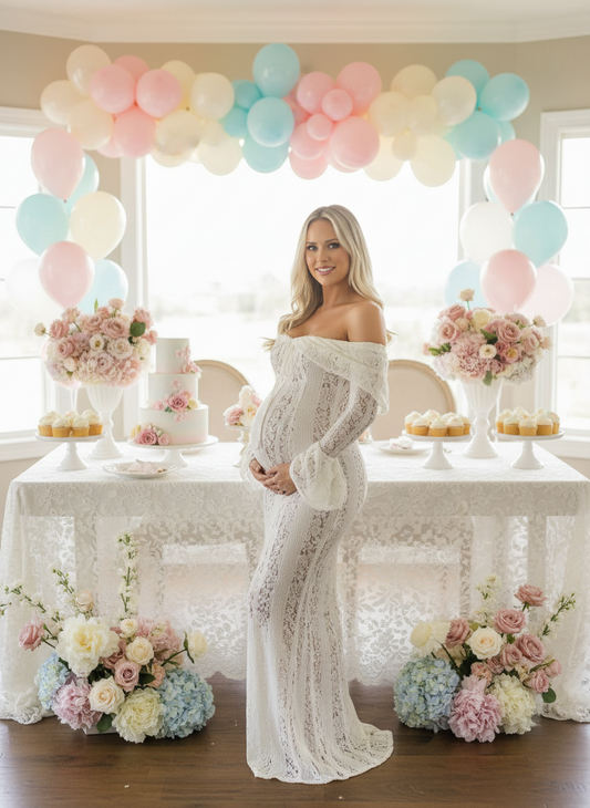 White lace maternity dress, off-shoulder gown with long lace sleeves, full-length