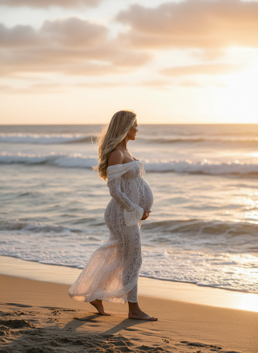 White lace maternity maxi dress, side view, long sleeves, fitted waist