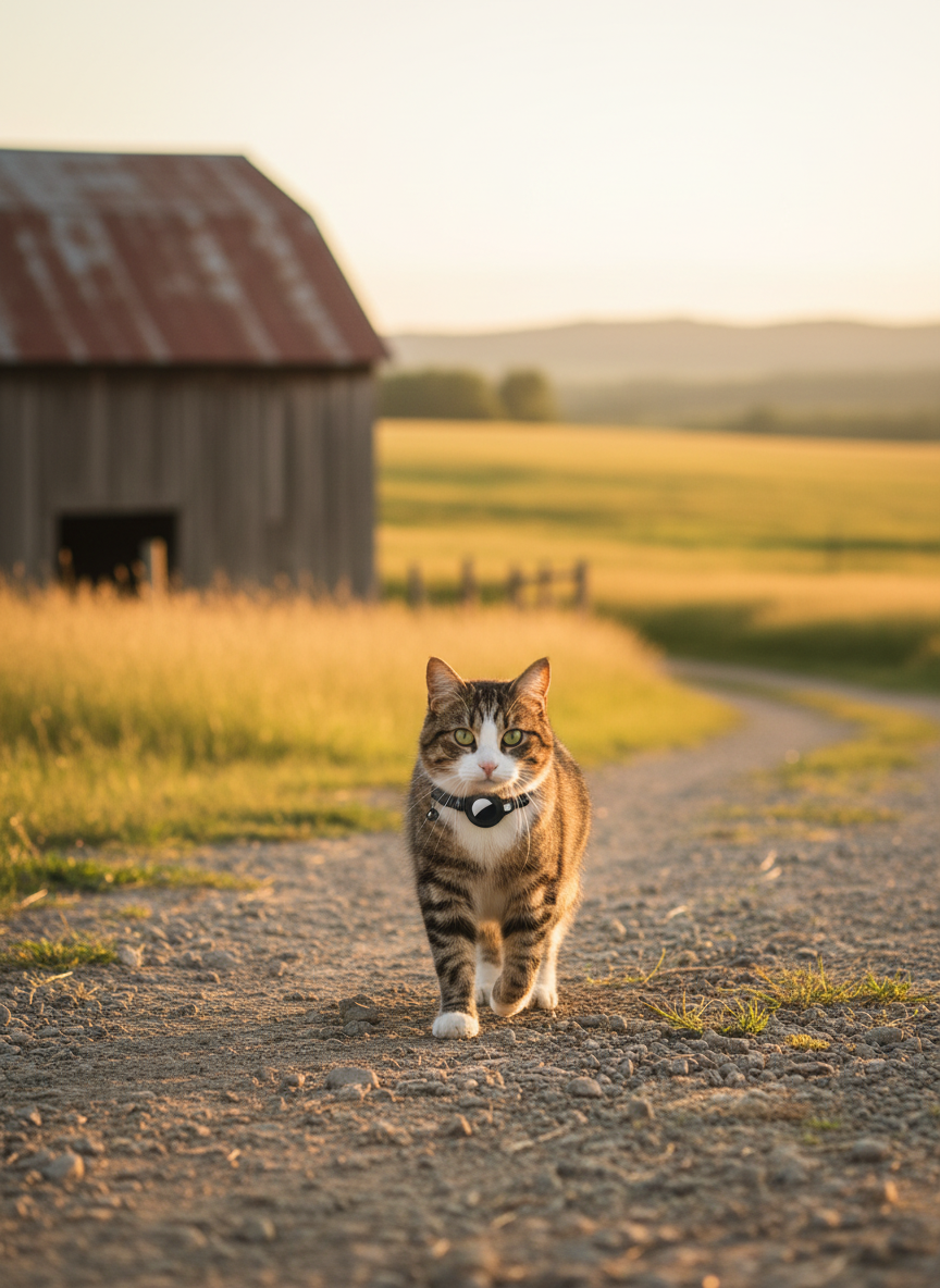 GPS cat tracker collar on a tabby cat walking on a gravel path outdoors