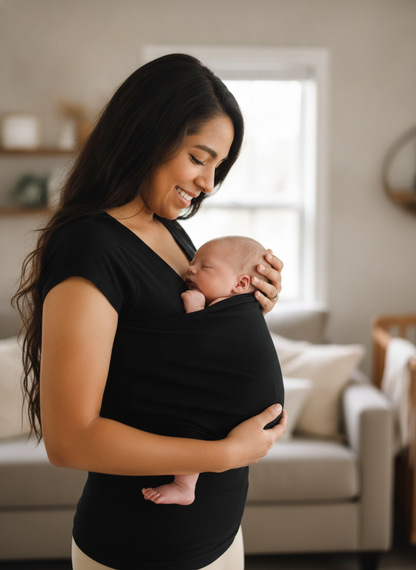 Black nursing baby carrier T-shirt with front panel, holding newborn against chest
