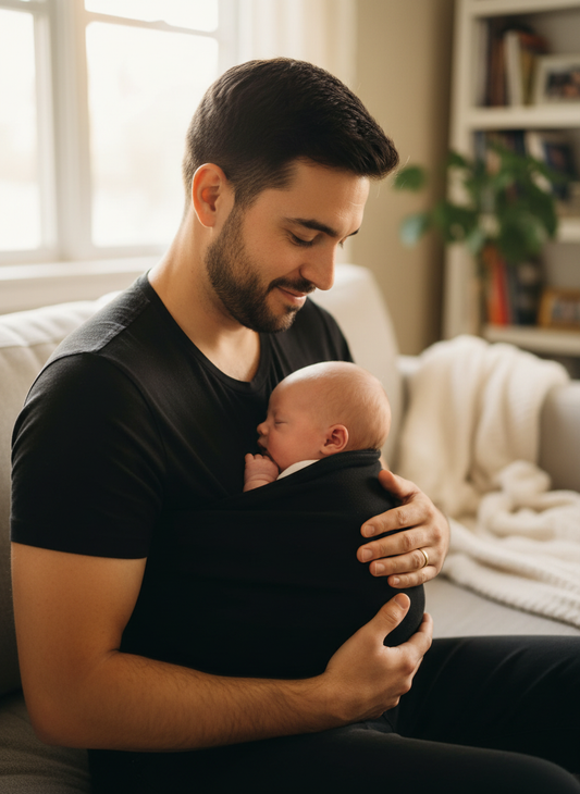 Black baby carrier sling T-shirt holding newborn baby in a front wrap hold