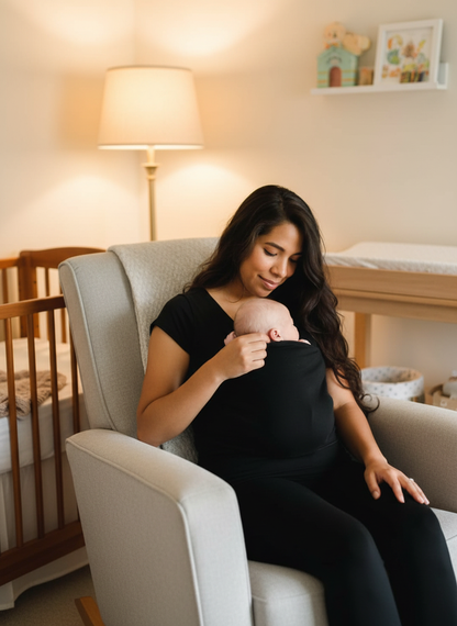 Black kangaroo care baby carrier wrap top, worn while holding a newborn for skin-to-skin