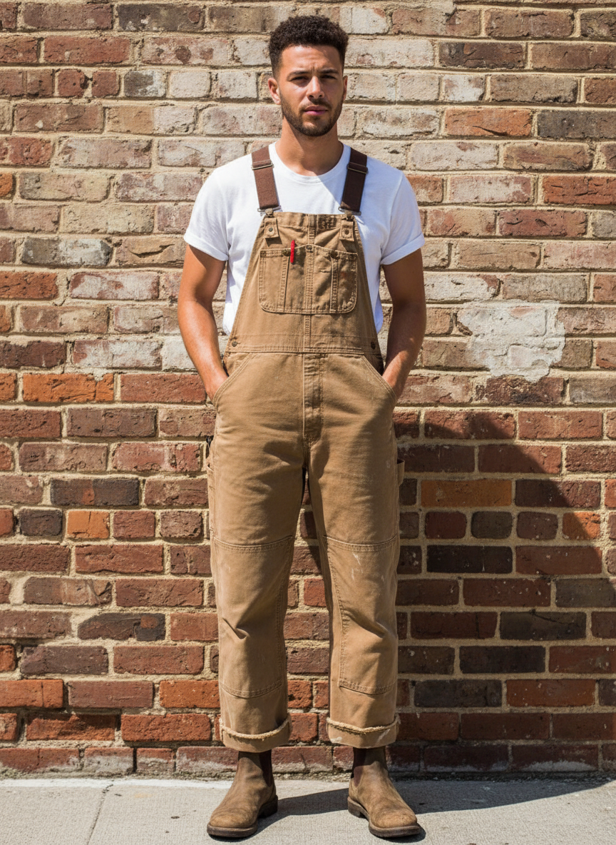 Men's camel canvas bib overalls with front bib pocket and adjustable shoulder straps