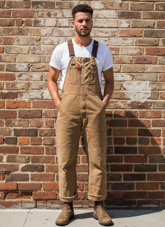 Men's camel canvas bib overalls with front bib pocket and adjustable shoulder straps