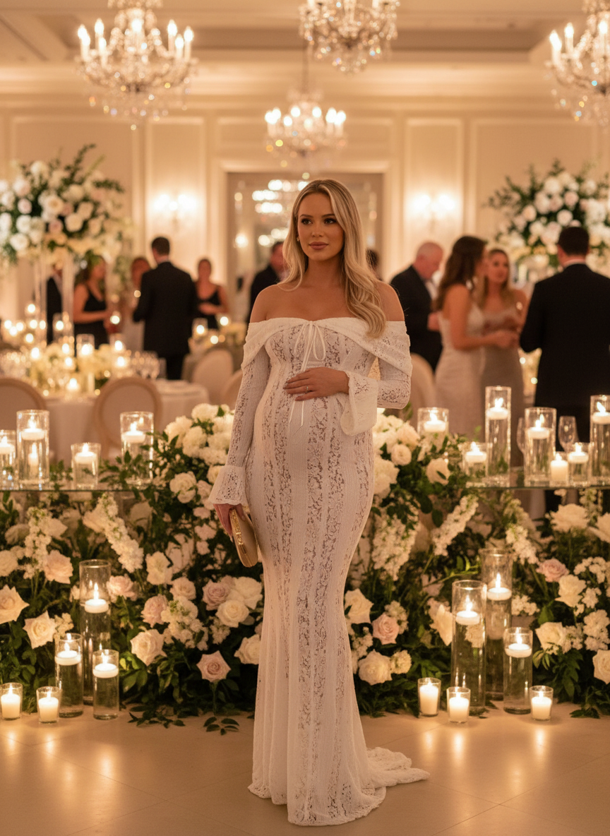 Off-shoulder lace maternity gown, white, long sleeves, fitted