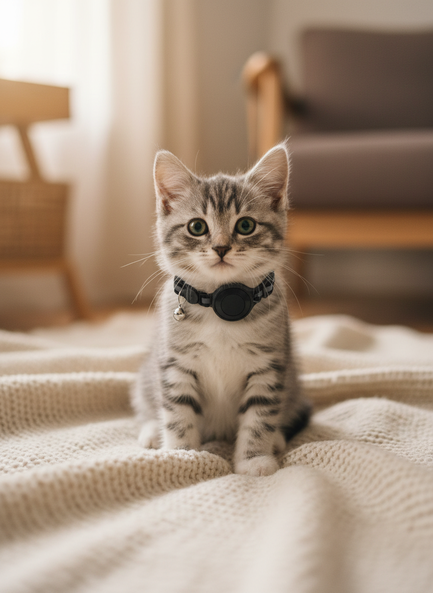 Kitten safety collar with black breakaway buckle and round tracker on striped kitten