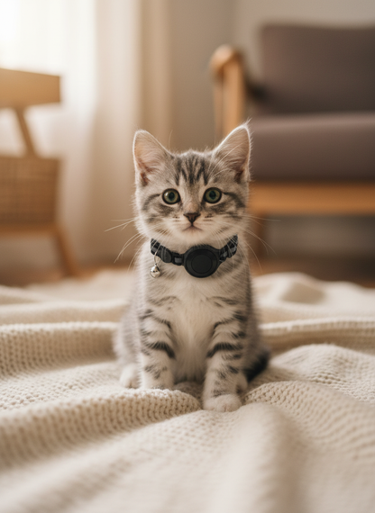 Kitten safety collar with black breakaway buckle and round tracker on striped kitten