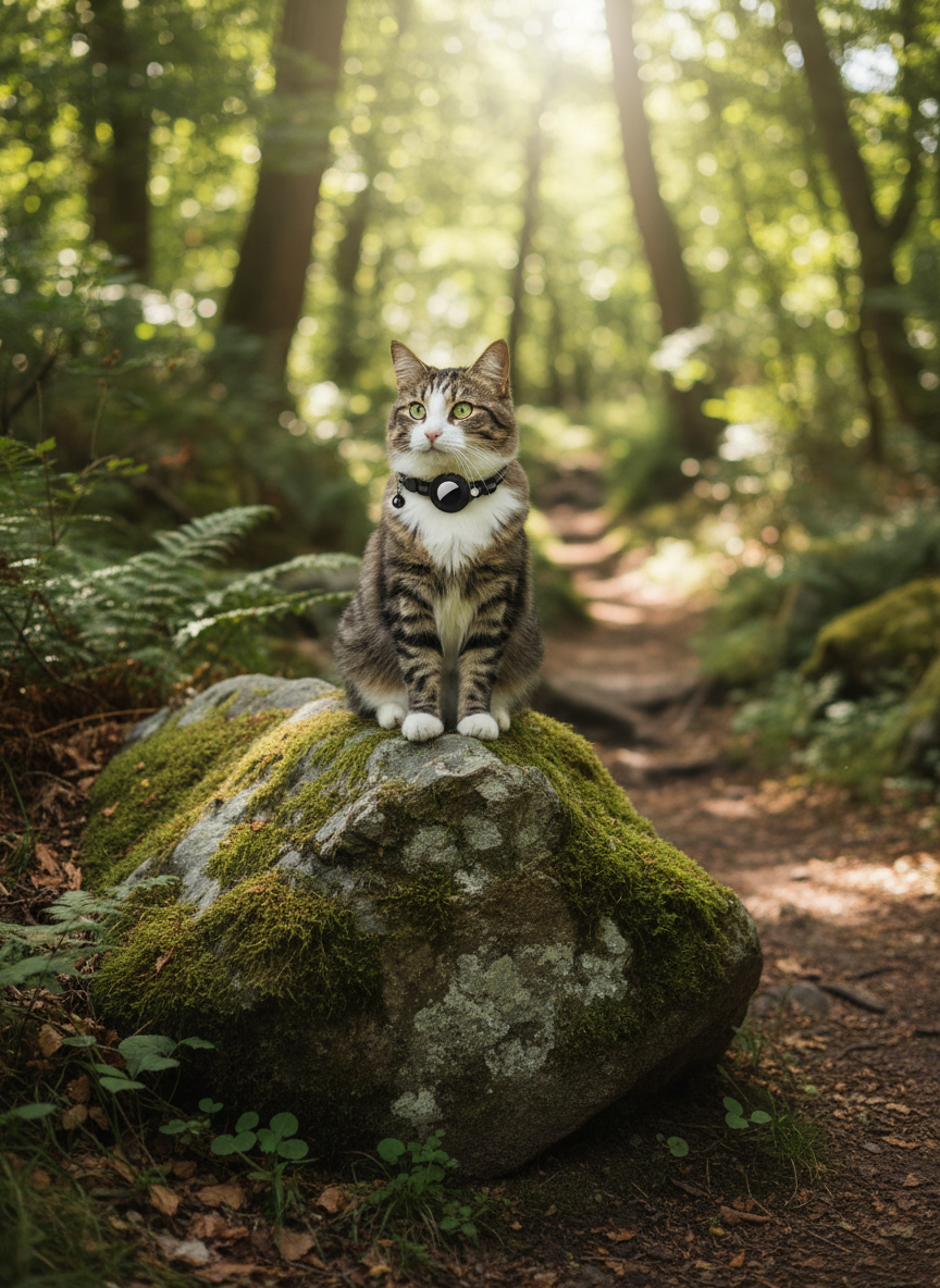 Black cat wearing GPS tracking collar with round tech module, adjustable strap