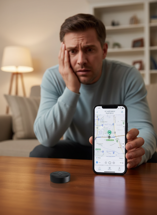 Mini GPS car tracker puck on table with live location map on smartphone