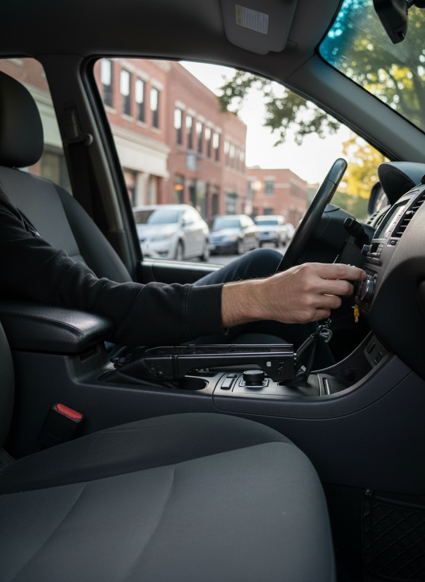 Black magnetic GPS tracker device with cable, being installed near a car’s center console