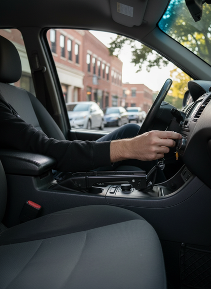 Black magnetic GPS tracker device with cable, being installed near a car’s center console