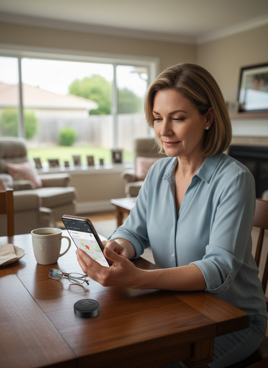 Mini GPS tracker device with magnetic base on table, shown with live location on phone