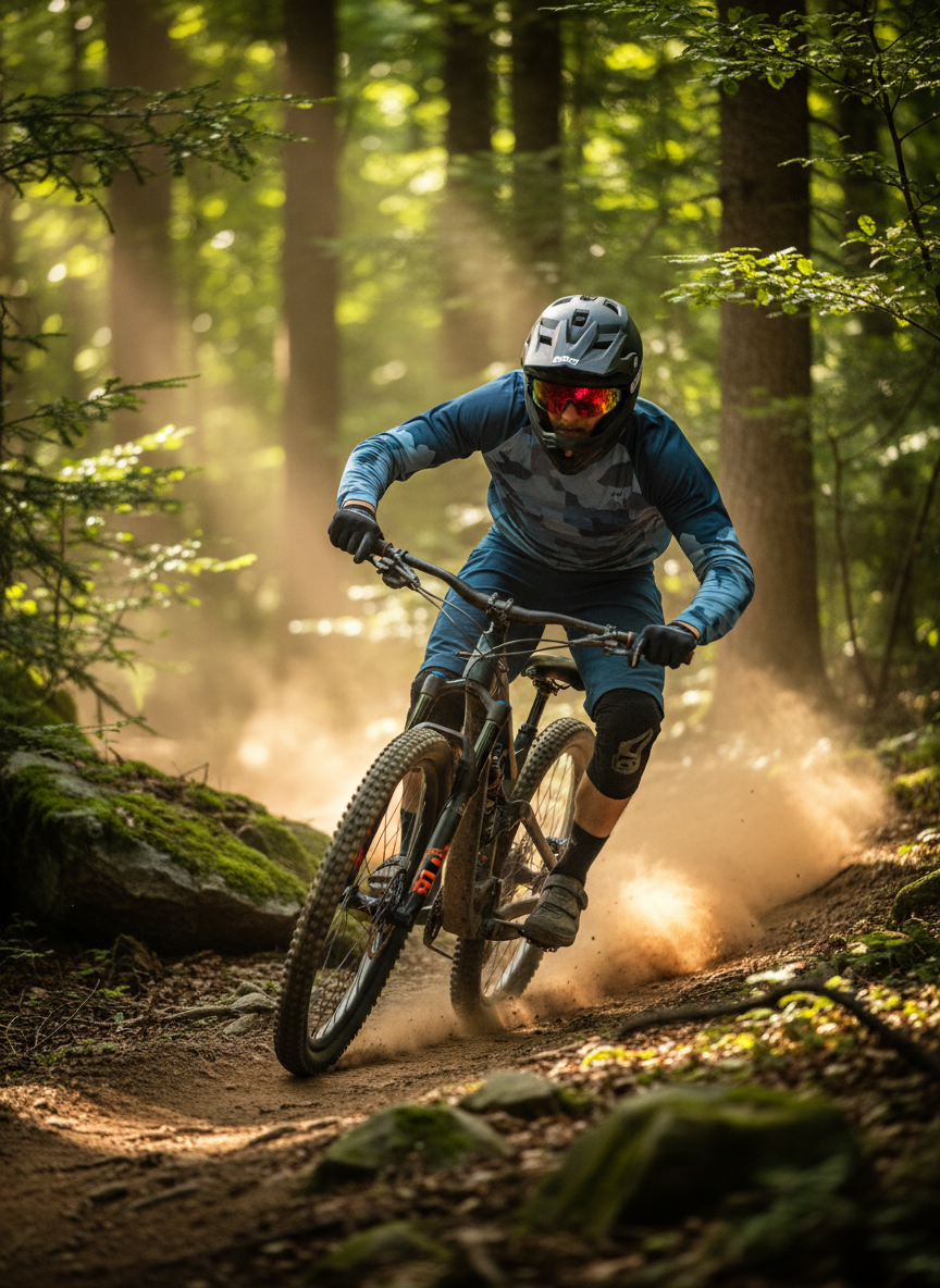 Sport sunglasses on cyclist’s face with dark lenses and full wrap frame
