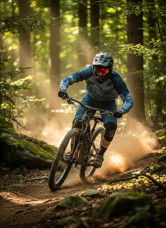 Sport sunglasses on cyclist’s face with dark lenses and full wrap frame