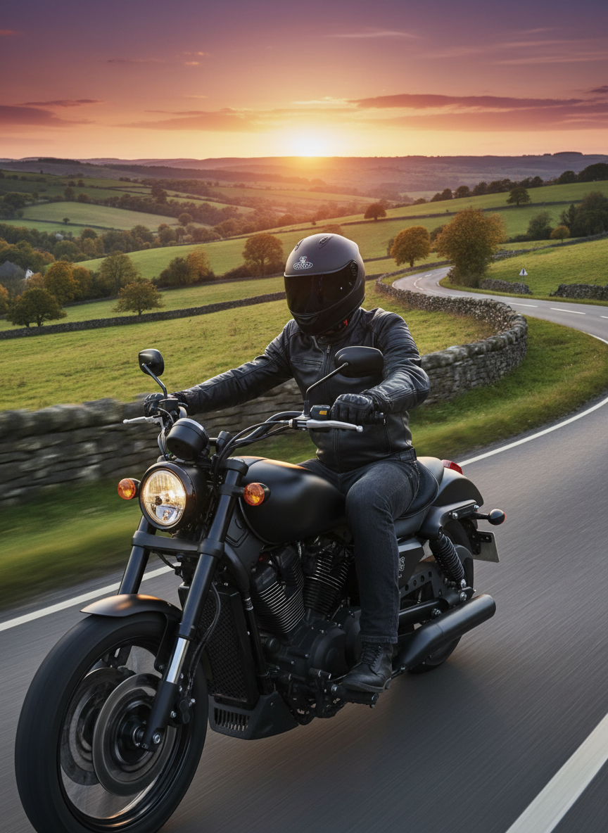 Motorcycle gel seat cushion on cruiser seat, seen with rider on road