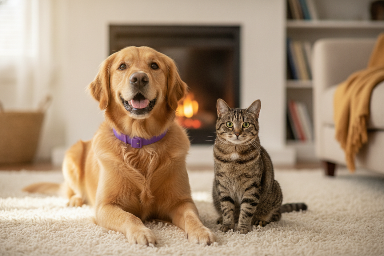 Pet calming collar worn on a dog and a cat, bright blue collar