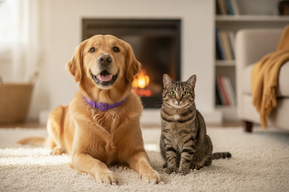 Pet calming collar worn on a dog and a cat, bright blue collar