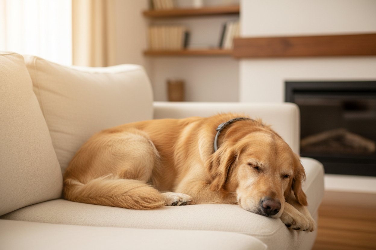 Adjustable calming collar worn by a resting dog on a sofa