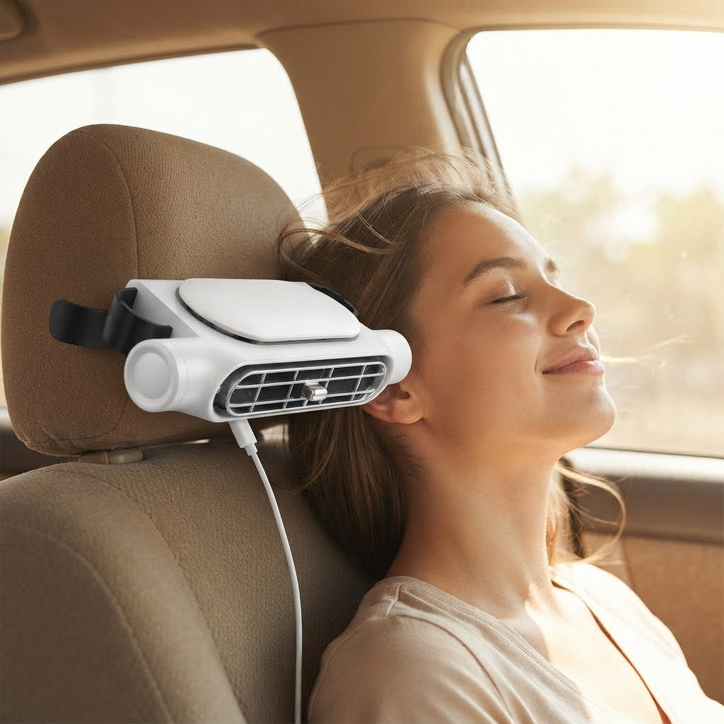Car seat cooling fan clipped to headrest, white dual-head grille in use