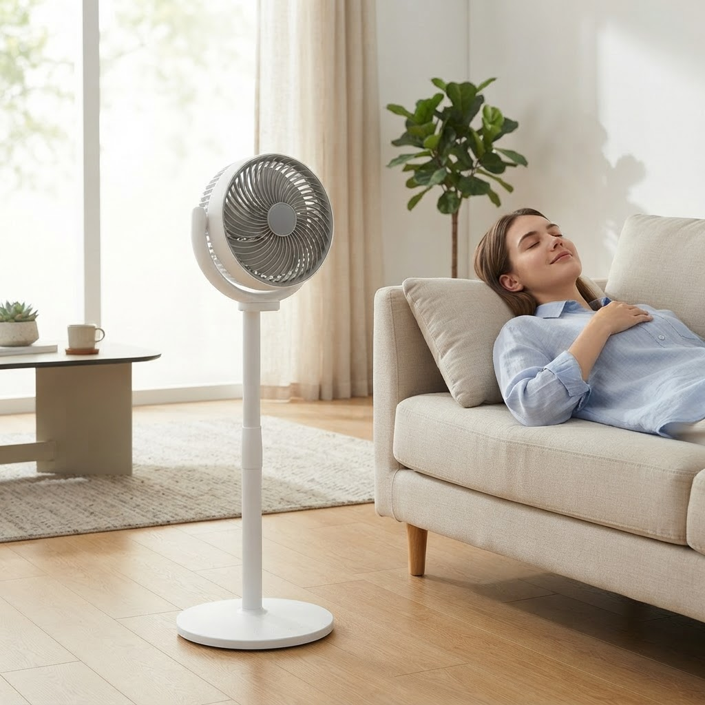 White pedestal fan with round grille and wide stand base