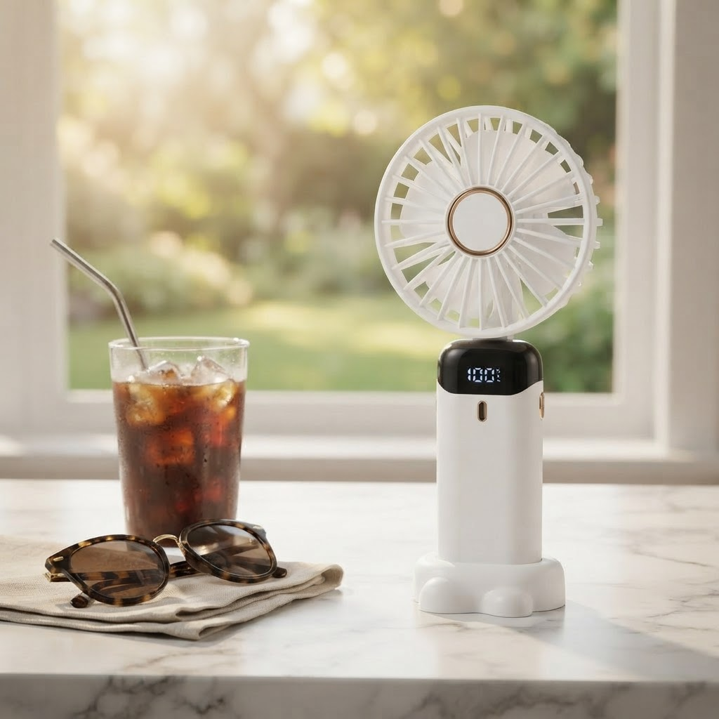 White portable handheld mini fan with round grille and digital LED display