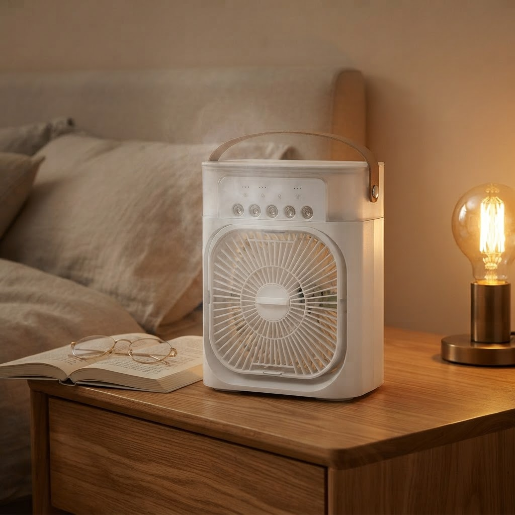 Portable white mini air cooler fan with front grille and top control lights