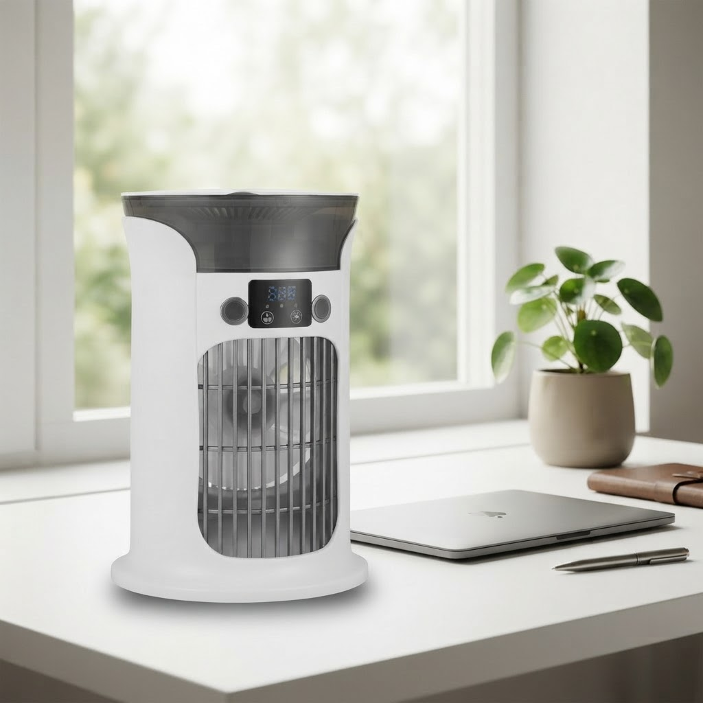 White mini air cooler fan with mist humidifier, front grille and control panel