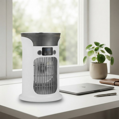 White mini air cooler fan with mist humidifier, front grille and control panel