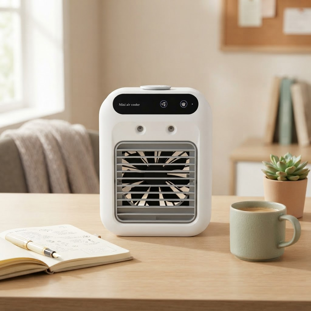 White portable mini air cooler desktop fan with front grille and control panel.